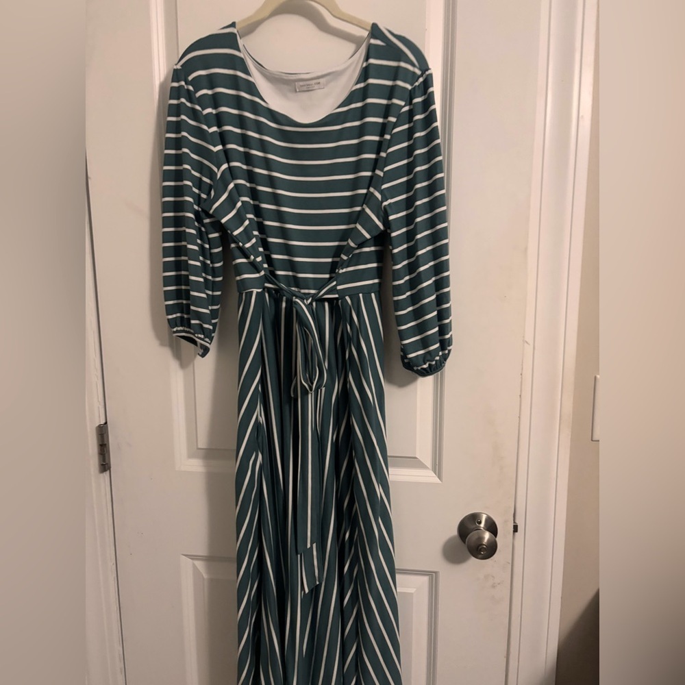 Green Stripe Midi Dress 1X | Chic Soul | Adjustable Waist Tie